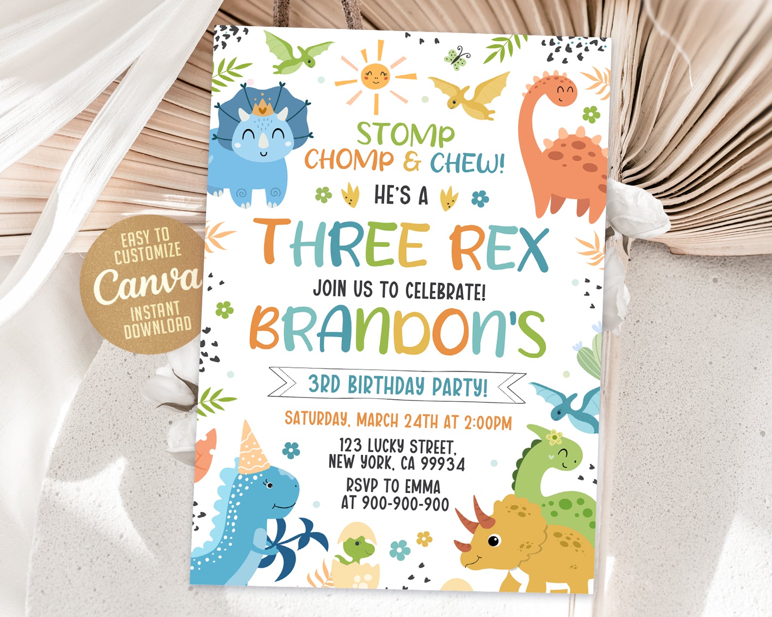 Three Rex Birthday Invitation, Three-Rex Party Invitation, Dinosaur 3rd Birthday Invitation Etemply