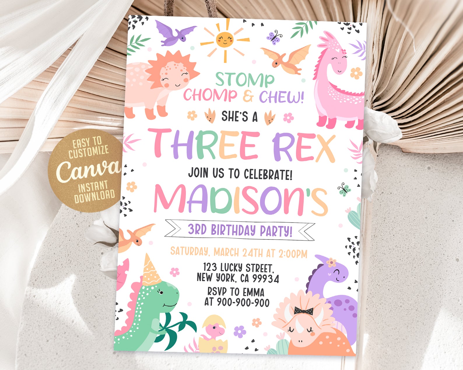 Three Rex Birthday Invitation, Three-Rex Party Invitation for Girl, Dinosaur 3rd Birthday Invitation Etemply