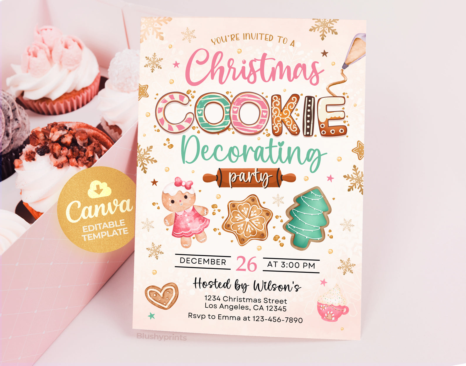 Cookie Decorating Party Invite, Cookie Exchange Invitation, Pink Cookie Christmas Party Invite Etemply