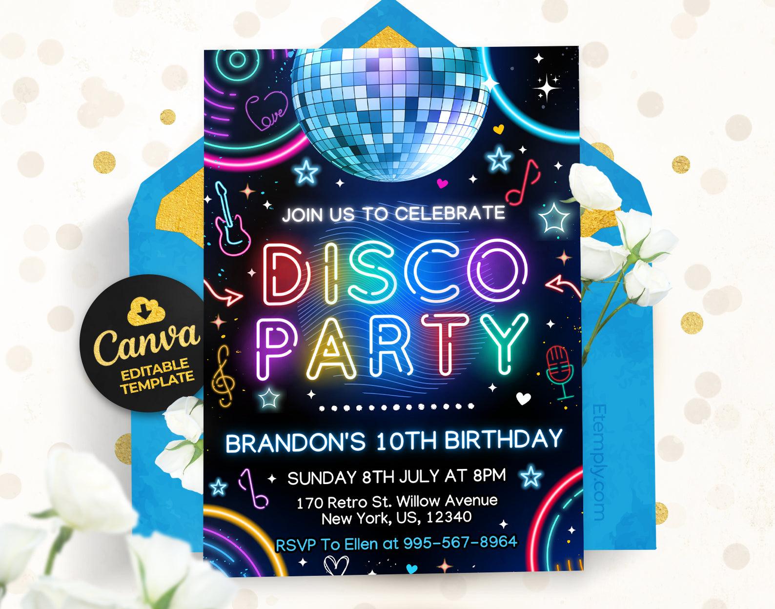 Disco Party Birthday Invitation Etemply