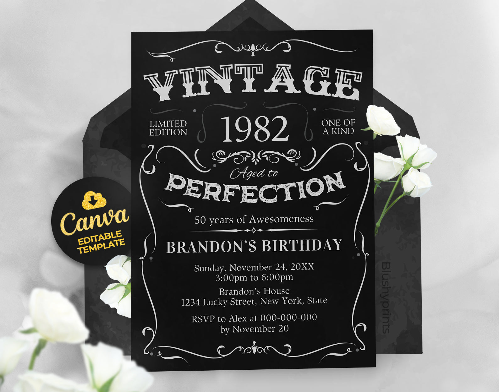 50th Vintage Birthday Invitation, Whiskey Invitation Etemply