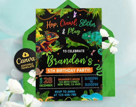 Reptile Birthday Invitation, Jungle Reptiles Invite Etemply