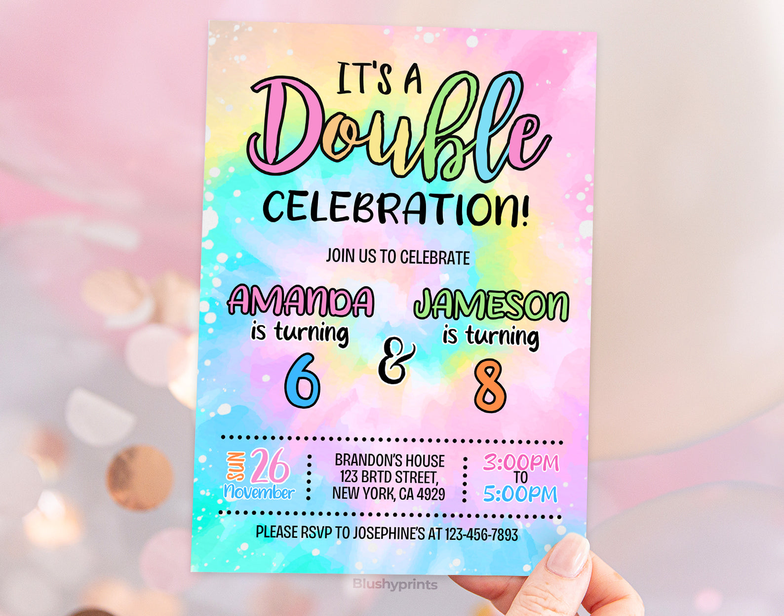 Colorful Rainbow Double Birthday Invitation, Joint Invite Etemply