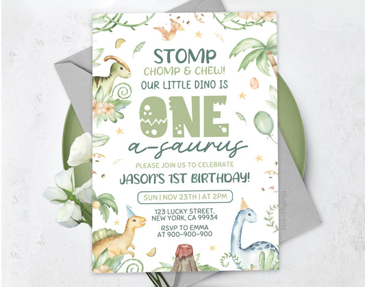 Dinosaur First Birthday Invitation Etemply