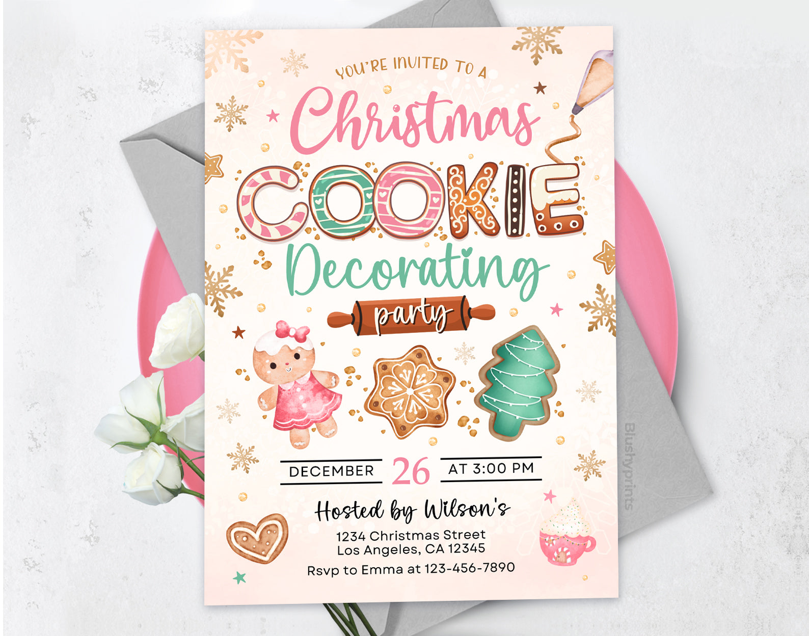 Cookie Decorating Party Invite, Cookie Exchange Invitation, Pink Cookie Christmas Party Invite Etemply
