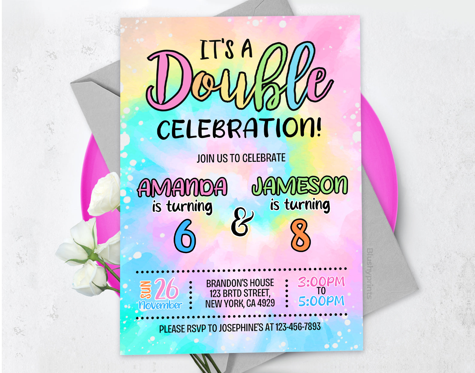 Colorful Rainbow Double Birthday Invitation, Joint Invite Etemply