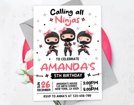 Ninja Girl Birthday Invitation Etemply