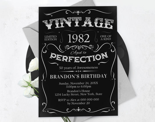 50th Vintage Birthday Invitation, Whiskey Invitation Etemply