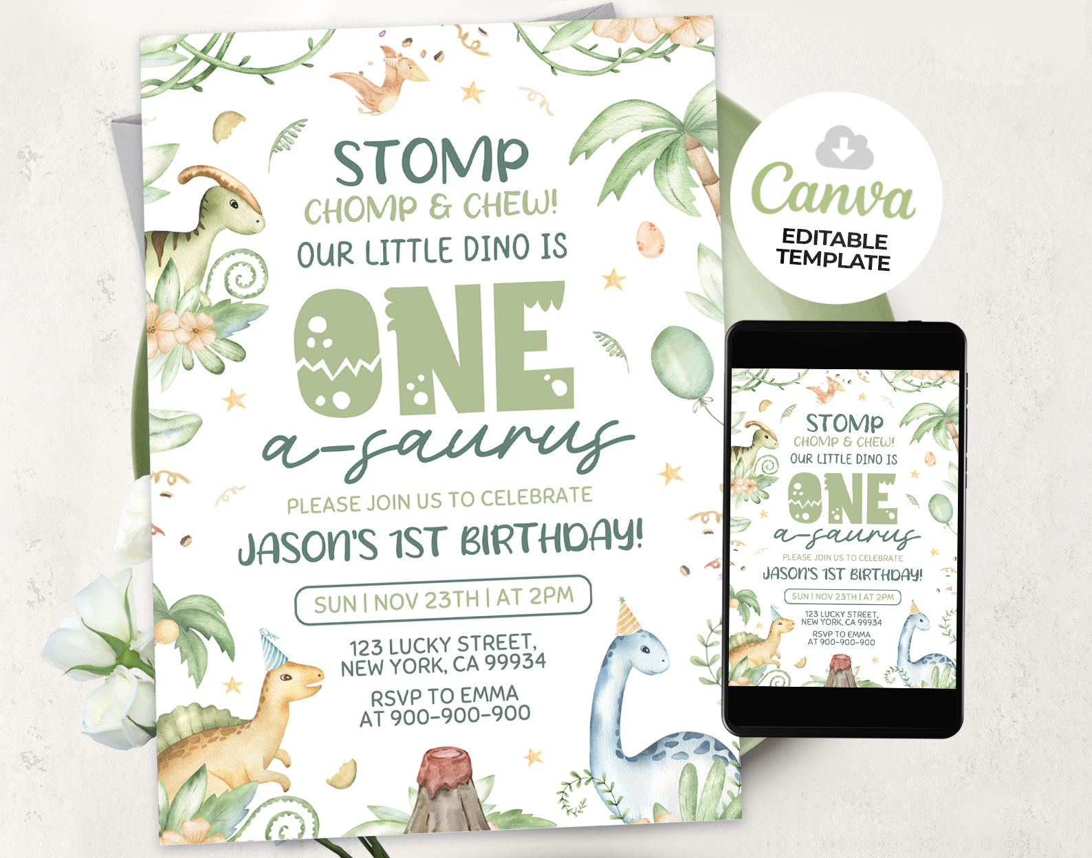 Dinosaur First Birthday Invitation Etemply