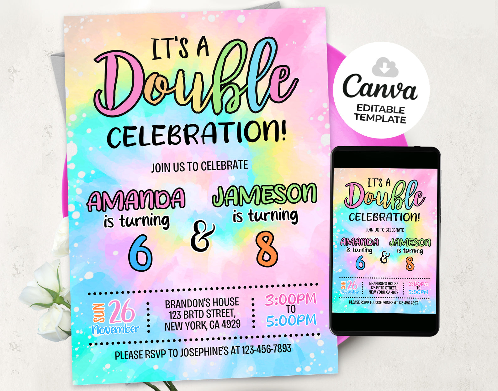 Colorful Rainbow Double Birthday Invitation, Joint Invite Etemply