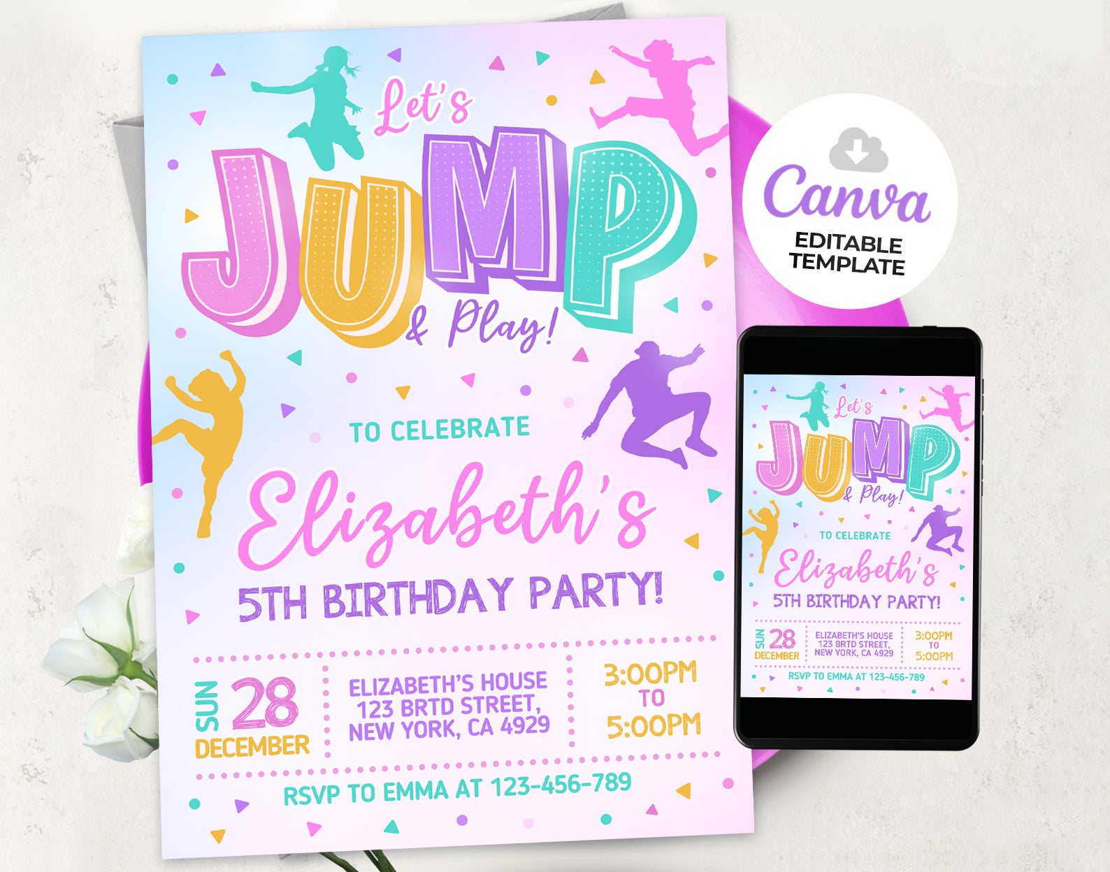 Trampoline Party Invitation, Girl Jump Birthday Invite Etemply