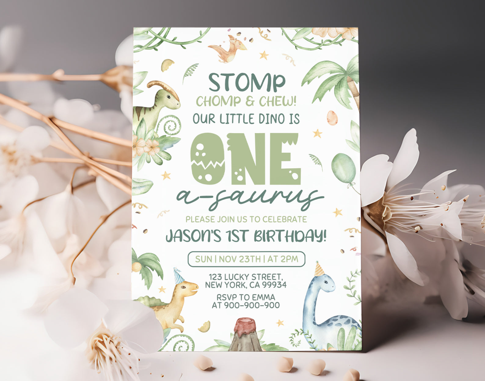 Dinosaur First Birthday Invitation Etemply