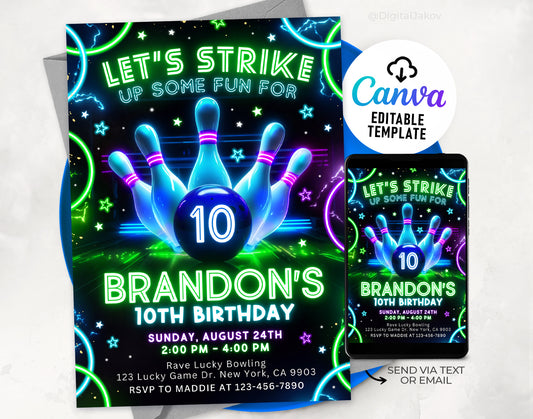 Bowling Birthday Party Invitation, Bowling Birthday Invite Etemply