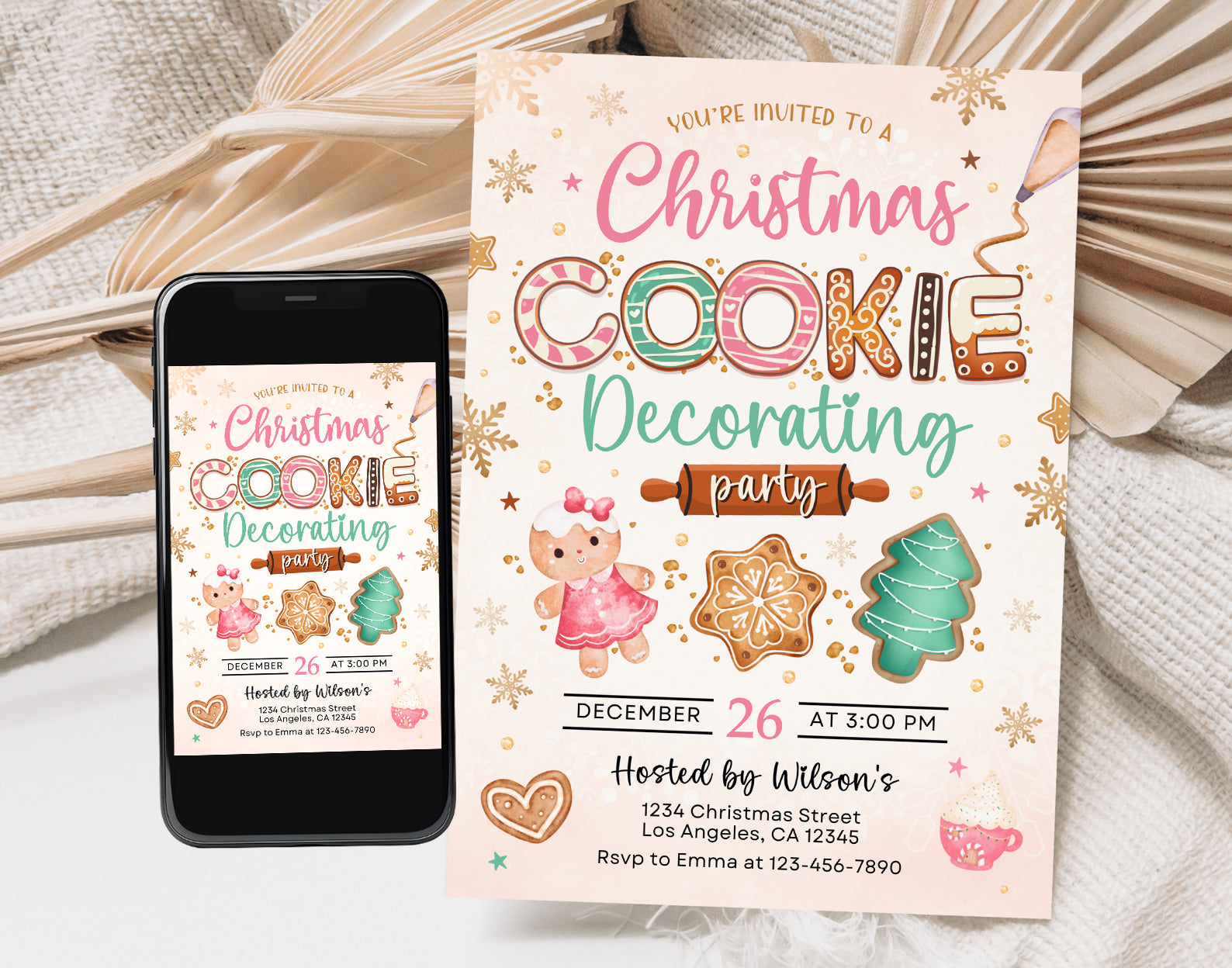 Cookie Decorating Party Invite, Cookie Exchange Invitation, Pink Cookie Christmas Party Invite Etemply