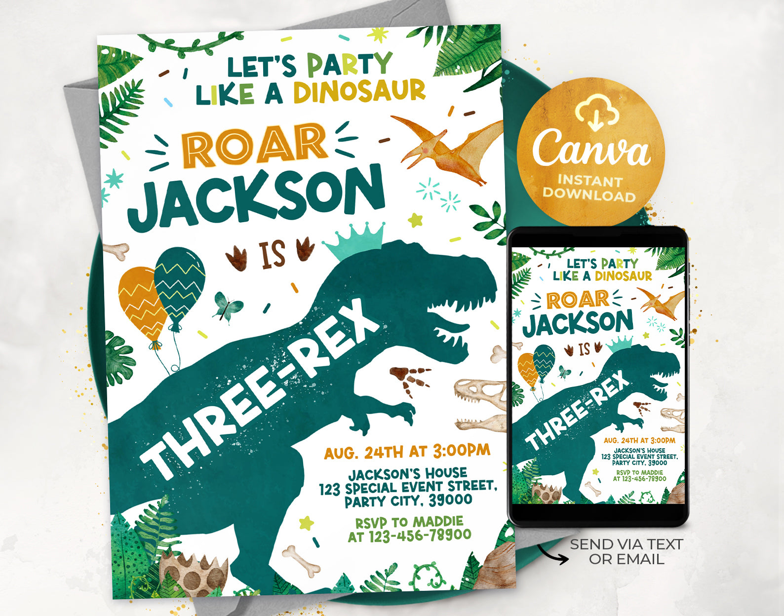 Three Rex Birthday Invitation, Dinosaur Birthday Invite for Boy Etemply