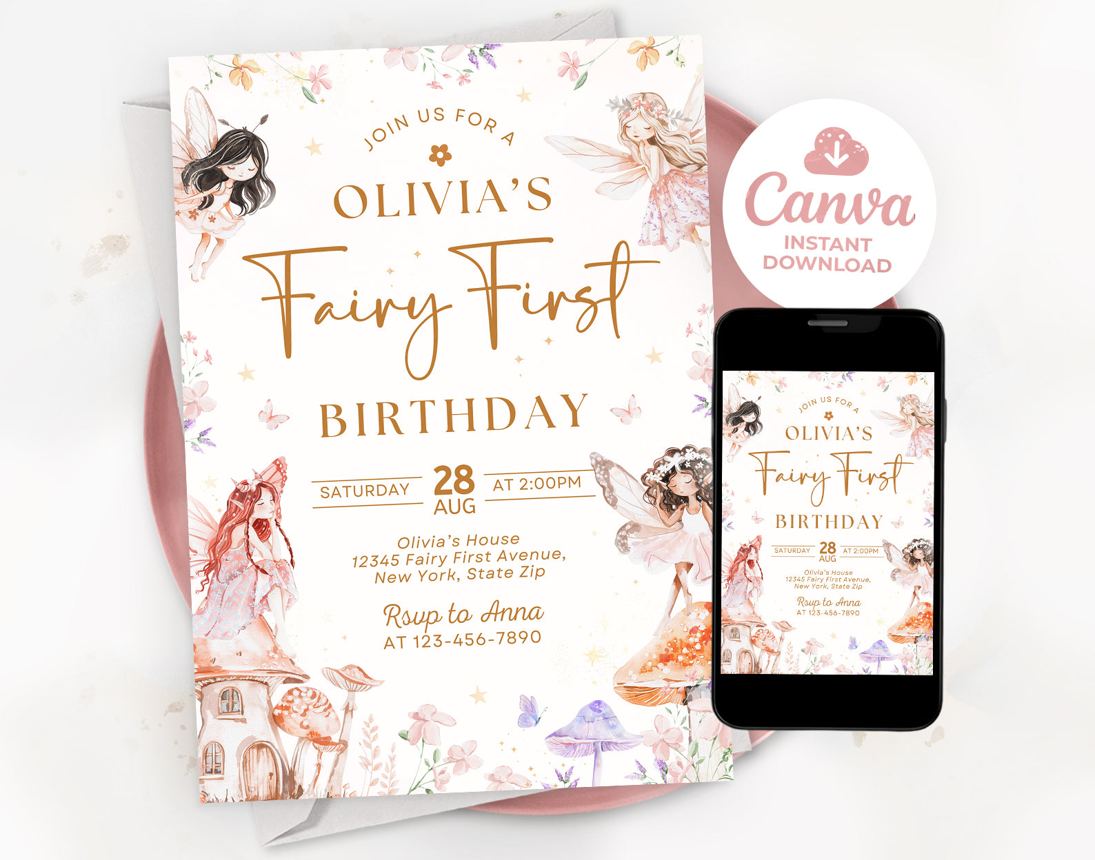 Fairy First Birthday Invitation, Girl 1st Birthday Invitation, Fairy Birthday Invite Etemply
