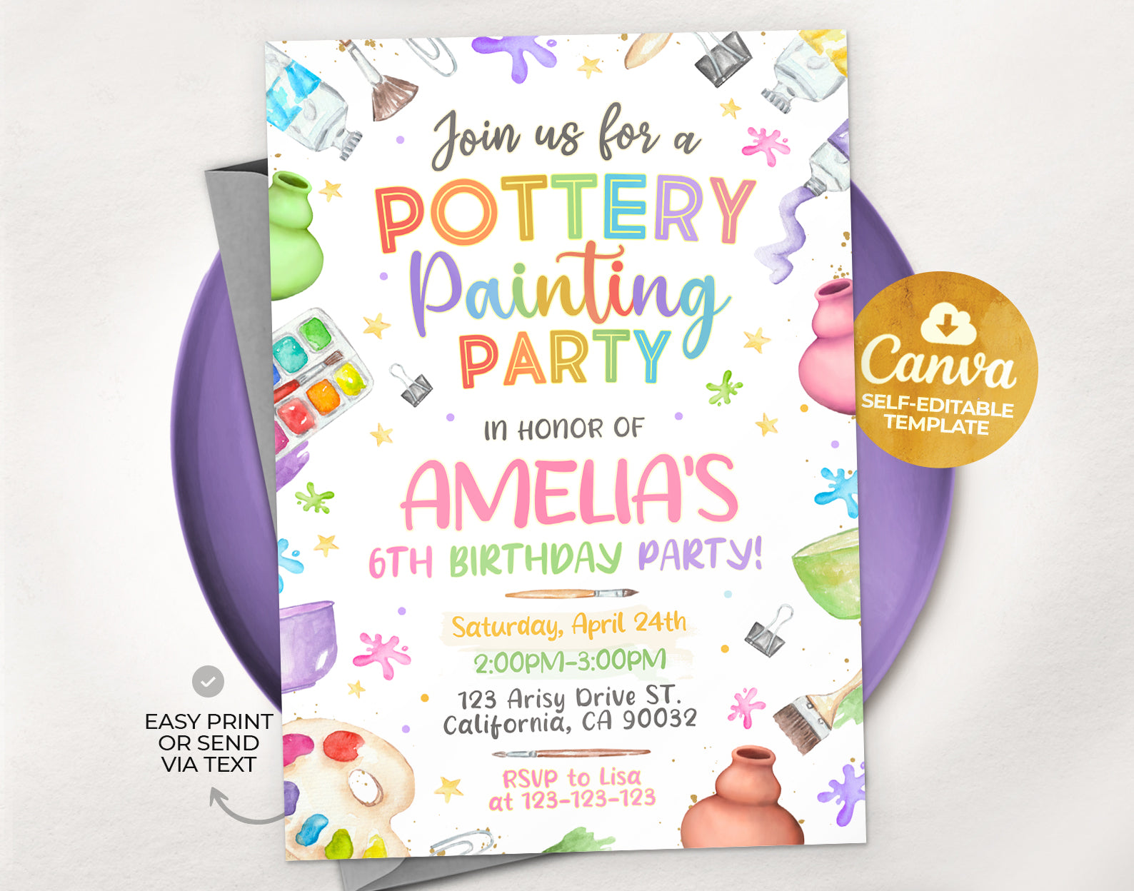 Pottery Painting Invitation, Art Party Invitation Etemply