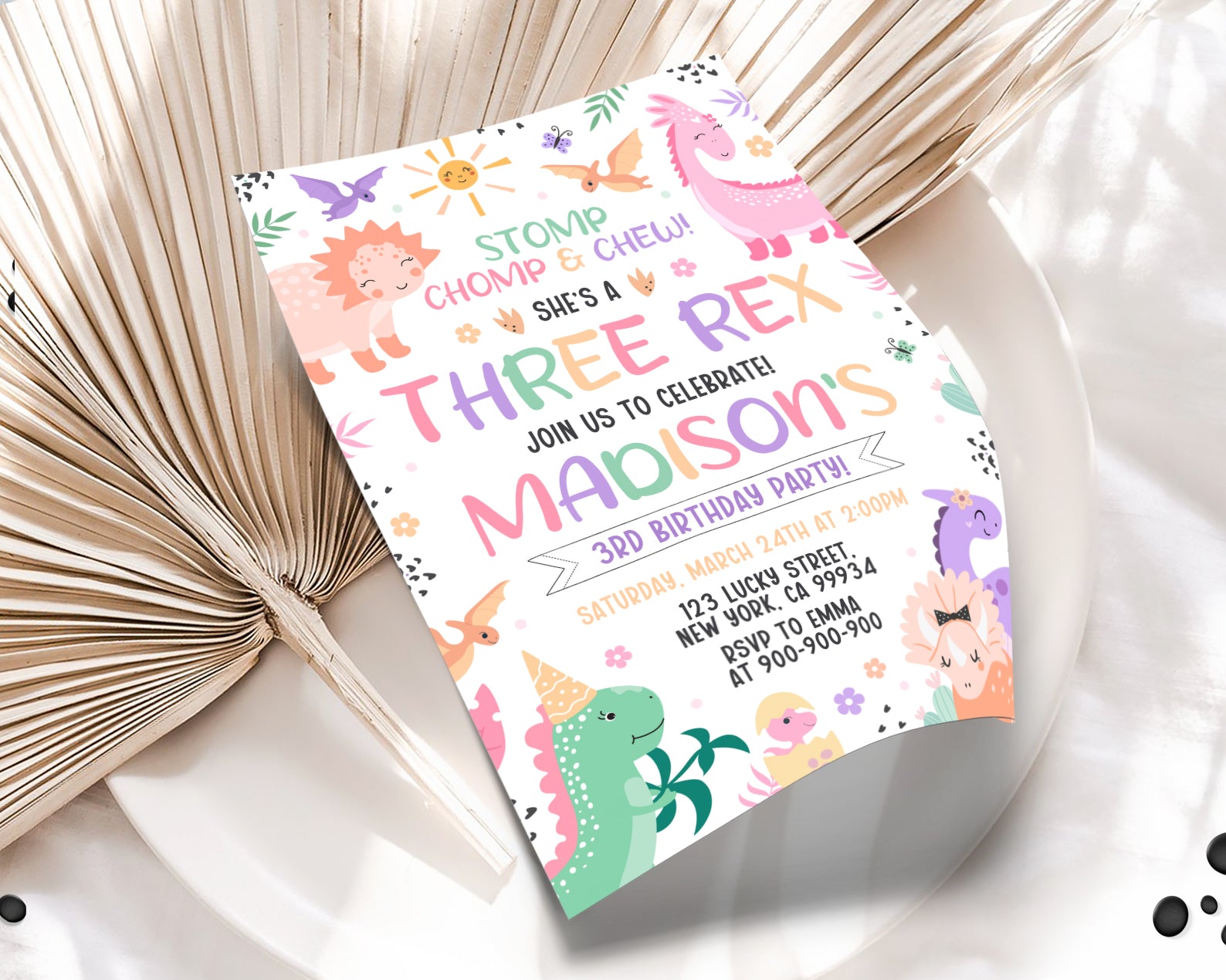 Three Rex Birthday Invitation, Three-Rex Party Invitation for Girl, Dinosaur 3rd Birthday Invitation Etemply