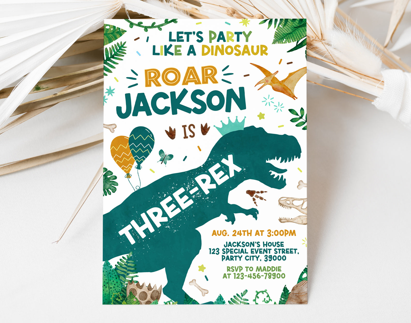 Three Rex Birthday Invitation, Dinosaur Birthday Invite for Boy Etemply