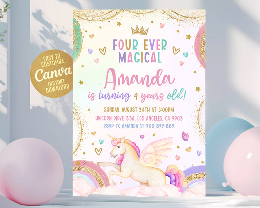 Unicorn Birthday Invitation, 4th Unicorn Invitation Etemply