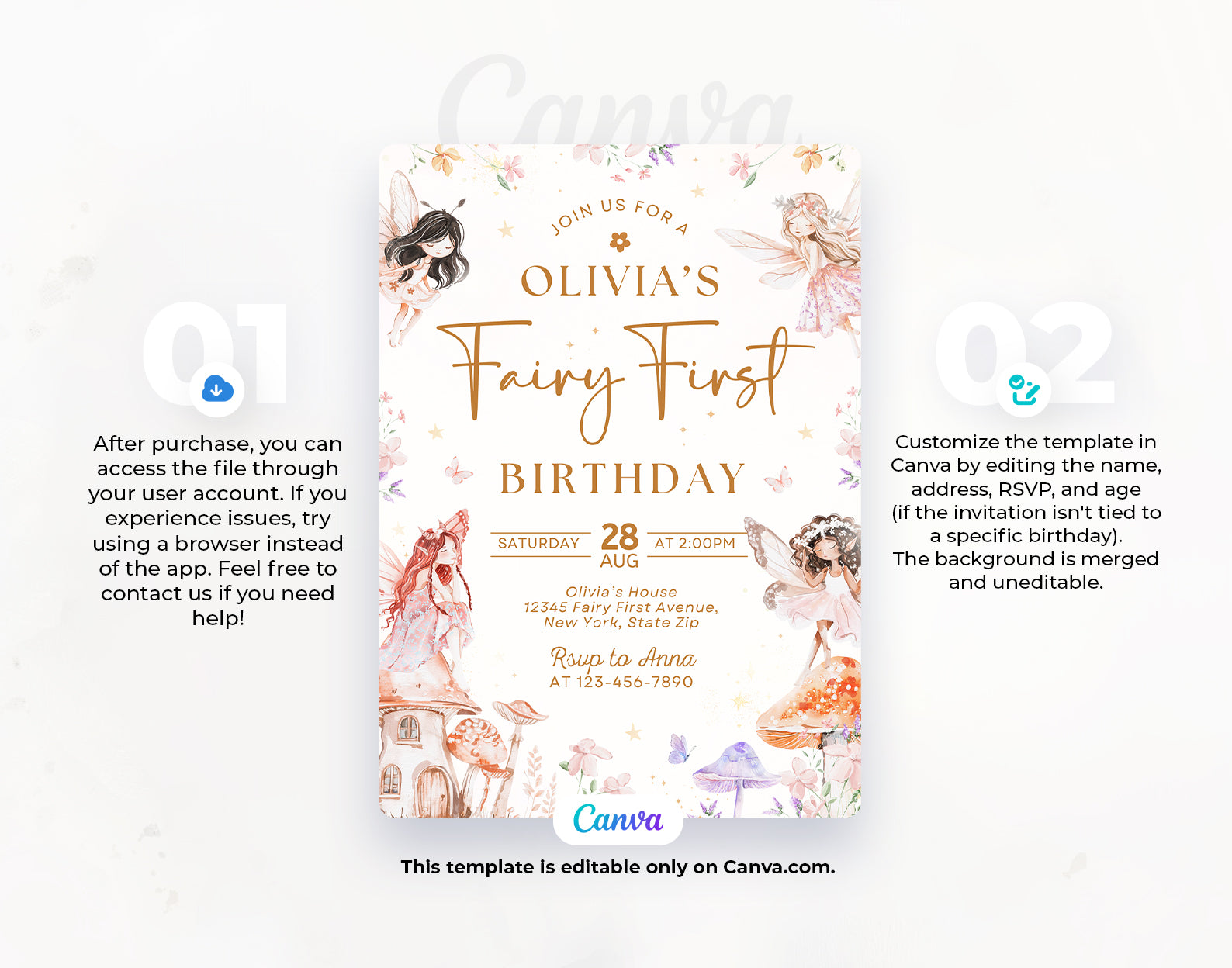 Fairy First Birthday Invitation, Girl 1st Birthday Invitation, Fairy Birthday Invite Etemply