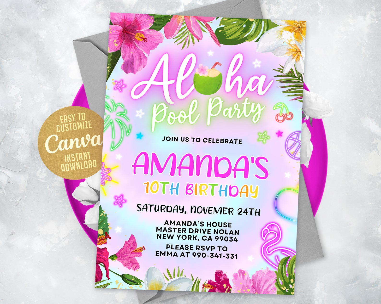 Luau Party Invitation, Neon Aloha Tropical Party Invitation Etemply