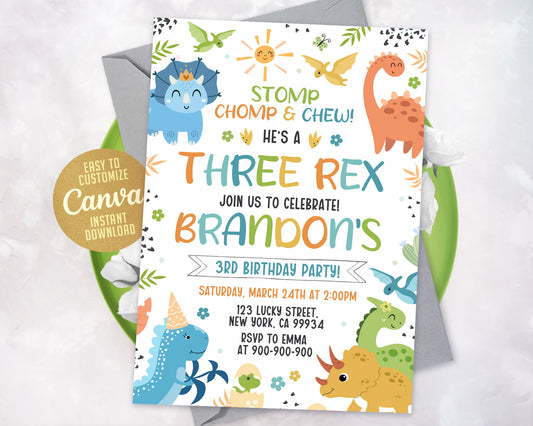 Three Rex Birthday Invitation, Three-Rex Party Invitation, Dinosaur 3rd Birthday Invitation