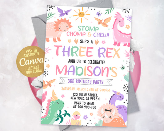 Three Rex Birthday Invitation, Three-Rex Party Invitation for Girl, Dinosaur 3rd Birthday Invitation Etemply