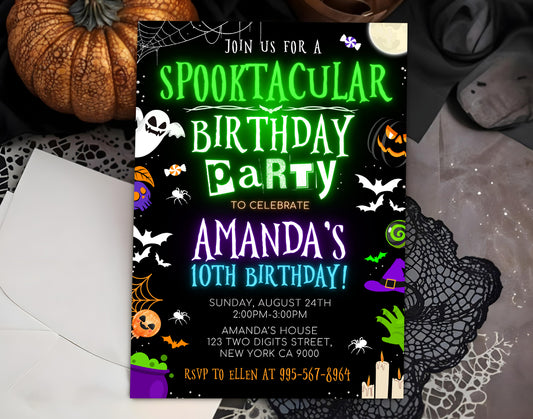 Halloween Party Invitation, Neon Halloween Party Invite, Costume Party Invitation Etemply