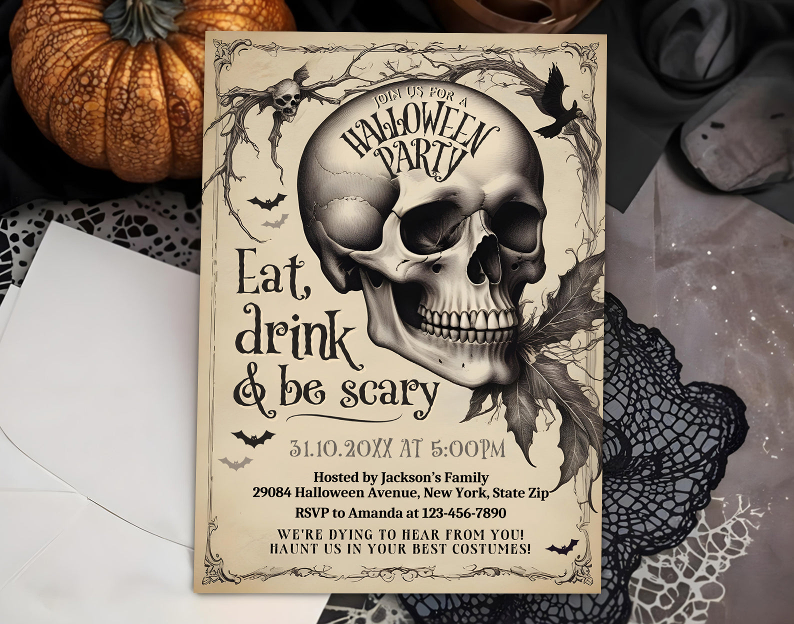 Halloween Party Invitation, Vintage Halloween Party Invite, Eat Drink and Be Scary Invitation, Vintage Skull Invite, Costume Party Invitation Etemply