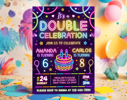 Joint Birthday Party Invitation, Neon Double Birthday Invitation Etemply