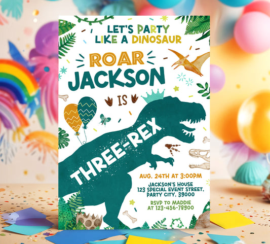 Three Rex Birthday Invitation, Dinosaur Birthday Invite for Boy Etemply