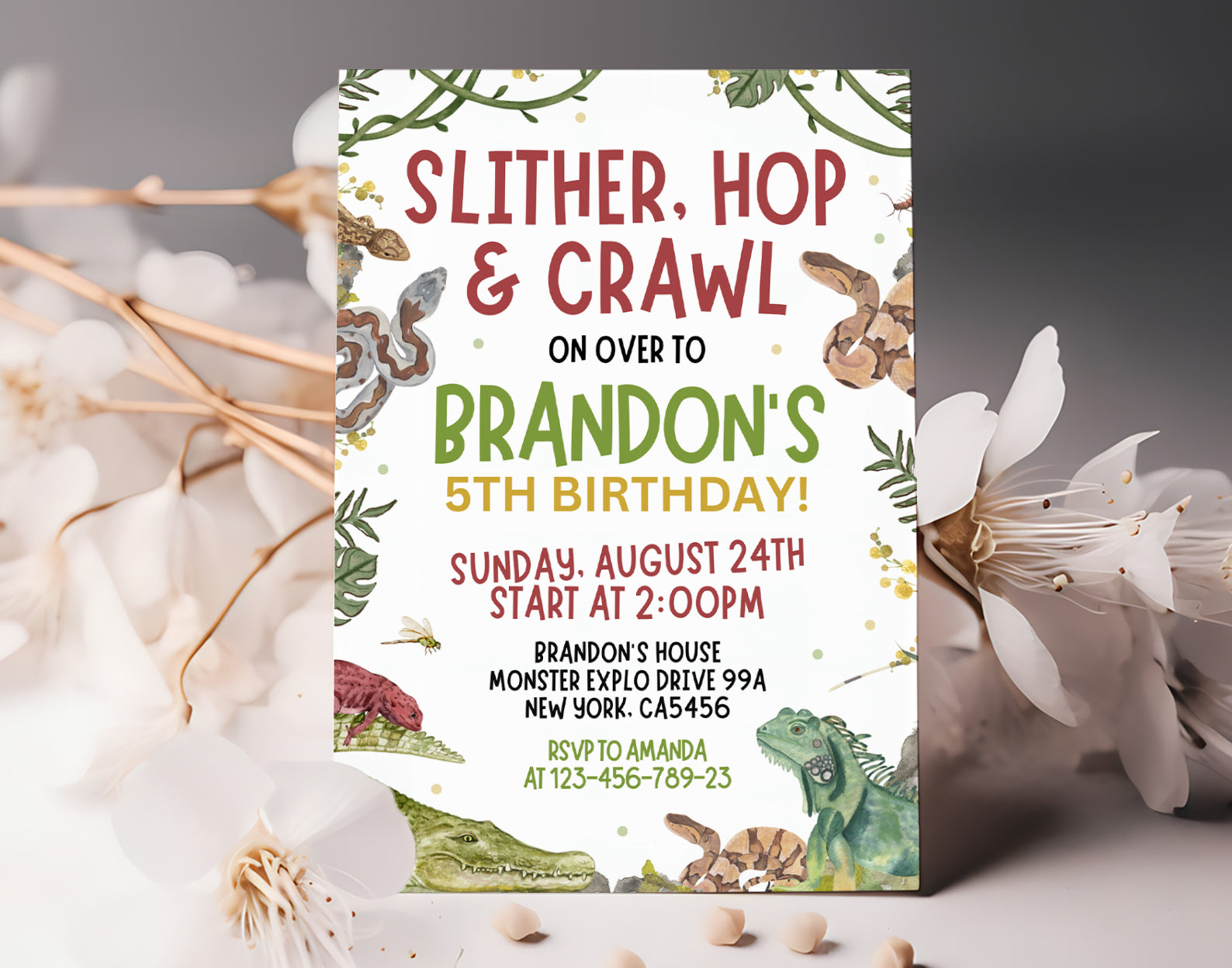 Reptile Birthday Invitation, Slither Hop and Crawl, Lizard Snake Party Invite Etemply