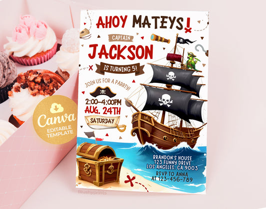 Pirate Birthday invitation, Ahoy Mateys, Pirate Invitation, Pirate Party Etemply