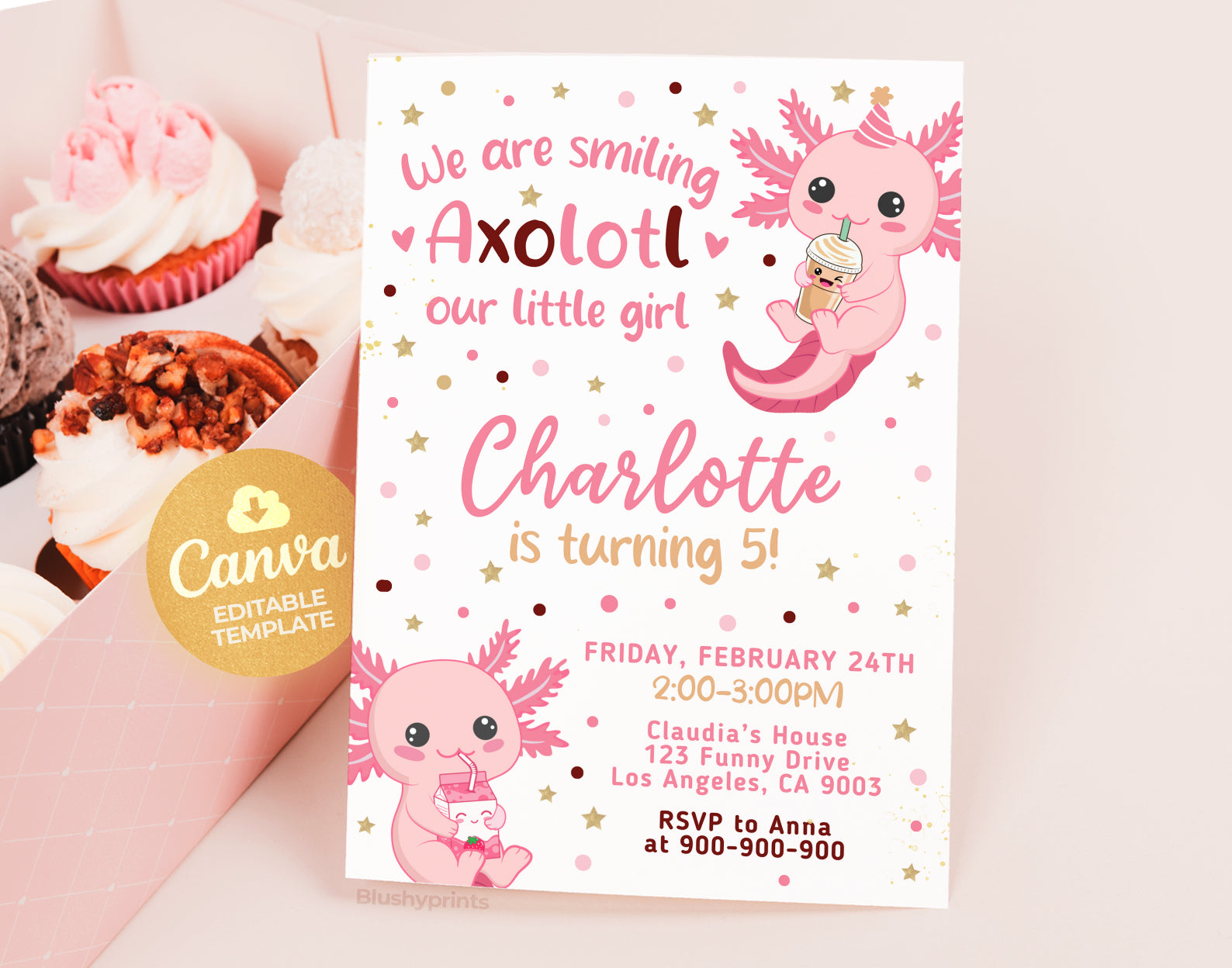 Axolotl Birthday Invitation, Girl Birthday Invitation Etemply