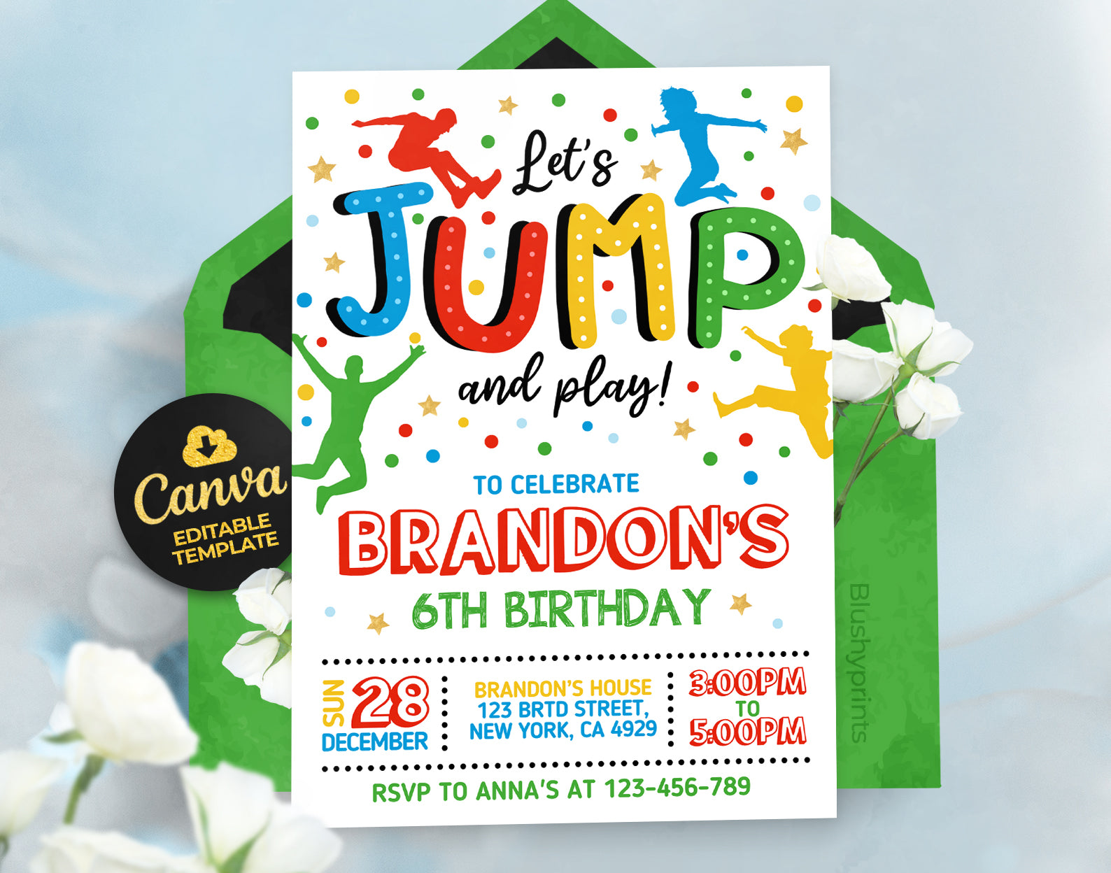 Trampoline Party Invitation, Boy Jump Birthday Invite Etemply