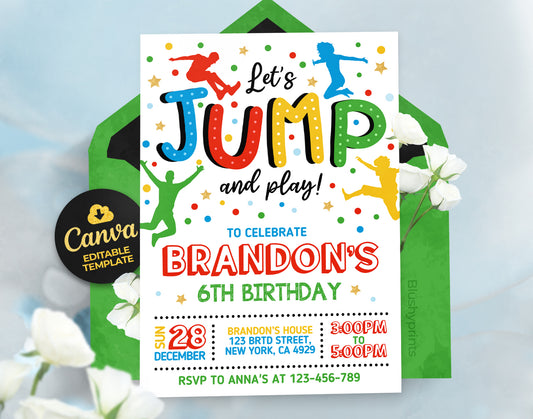 Trampoline Party Invitation, Boy Jump Birthday Invite Etemply
