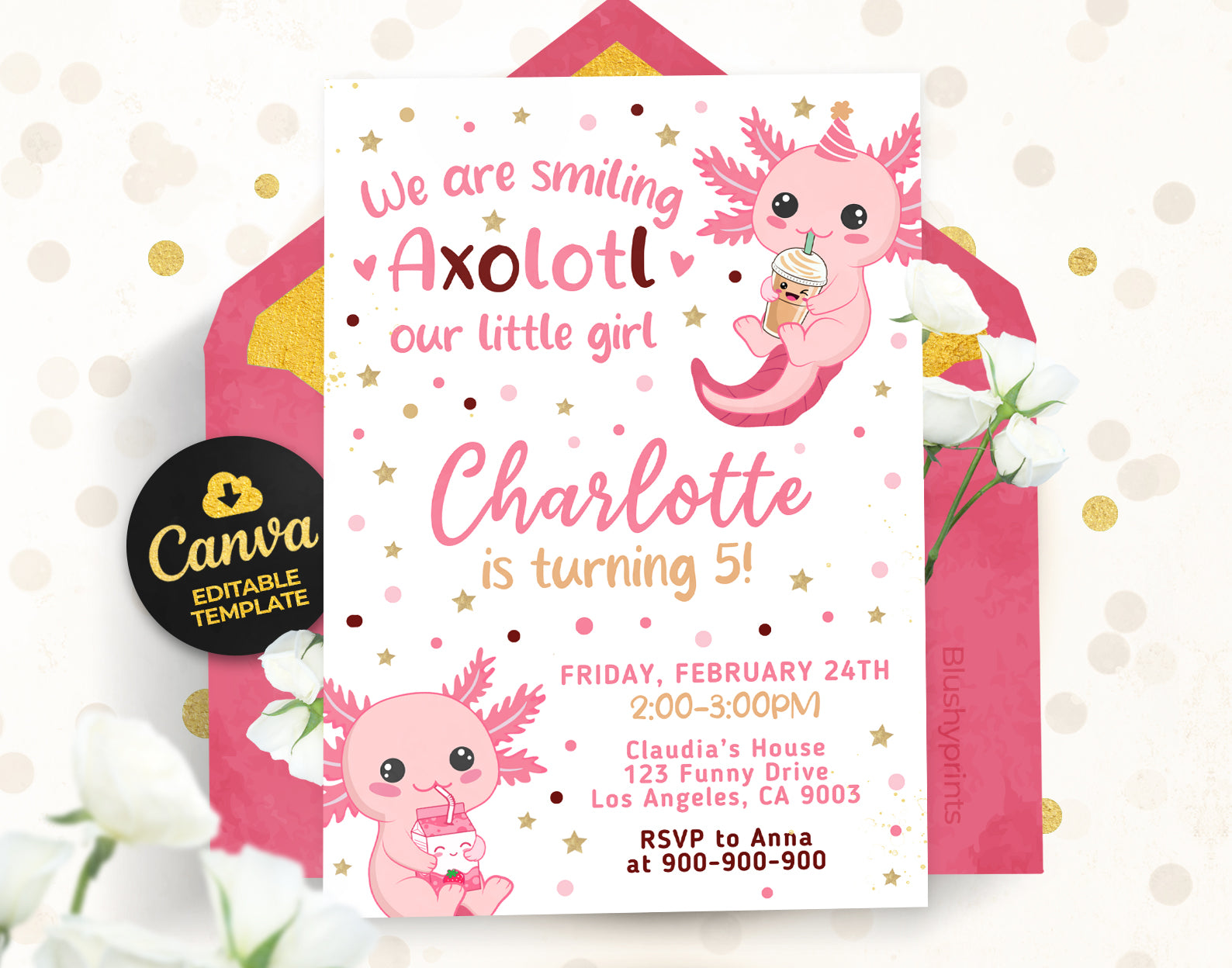 Axolotl Birthday Invitation, Girl Birthday Invitation Etemply