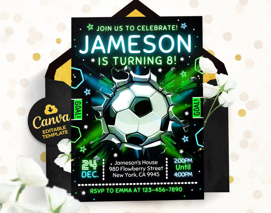 Neon Soccer Birthday Invitation Etemply