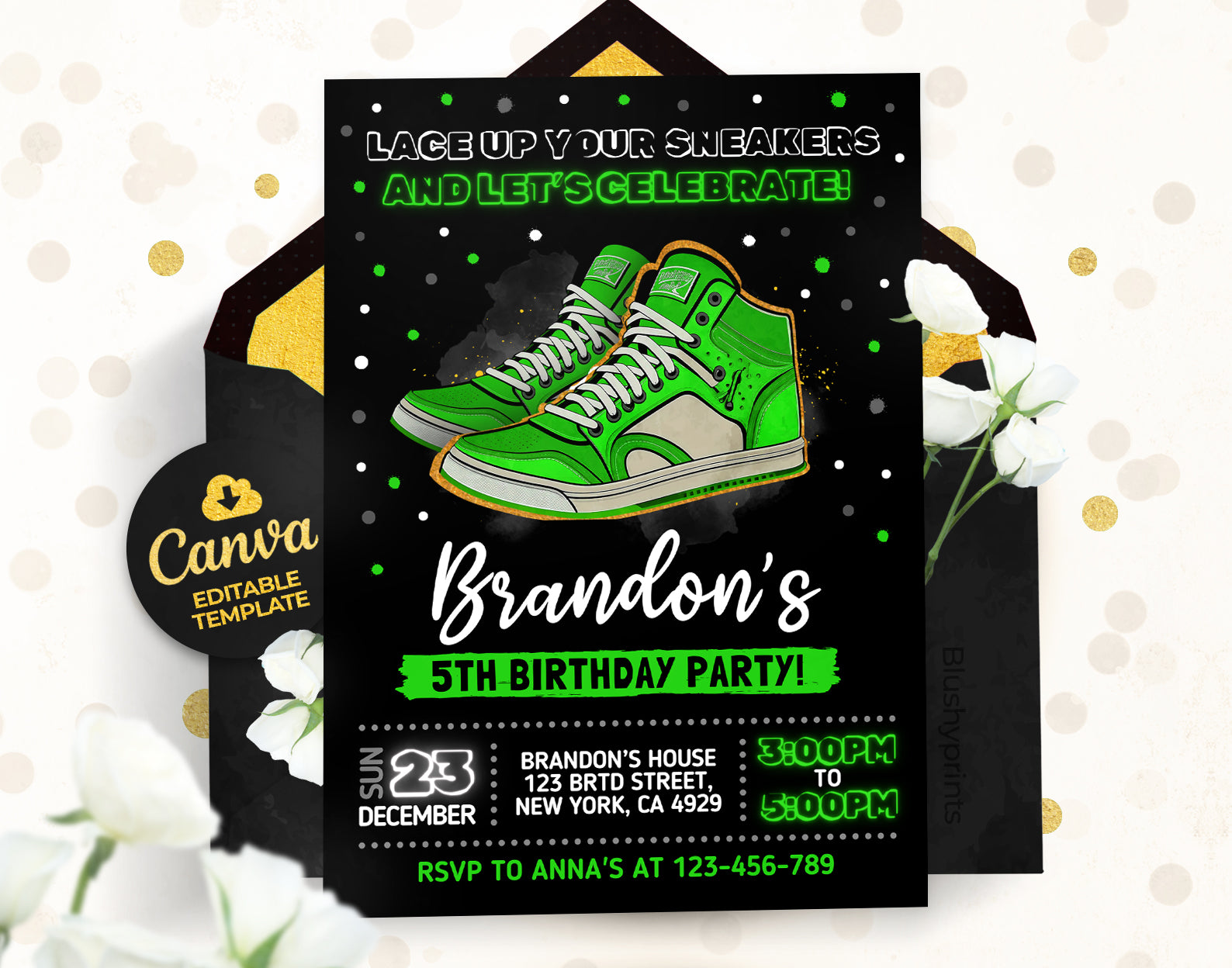 Sneaker Ball Invitation, Green Sneaker Bash Etemply