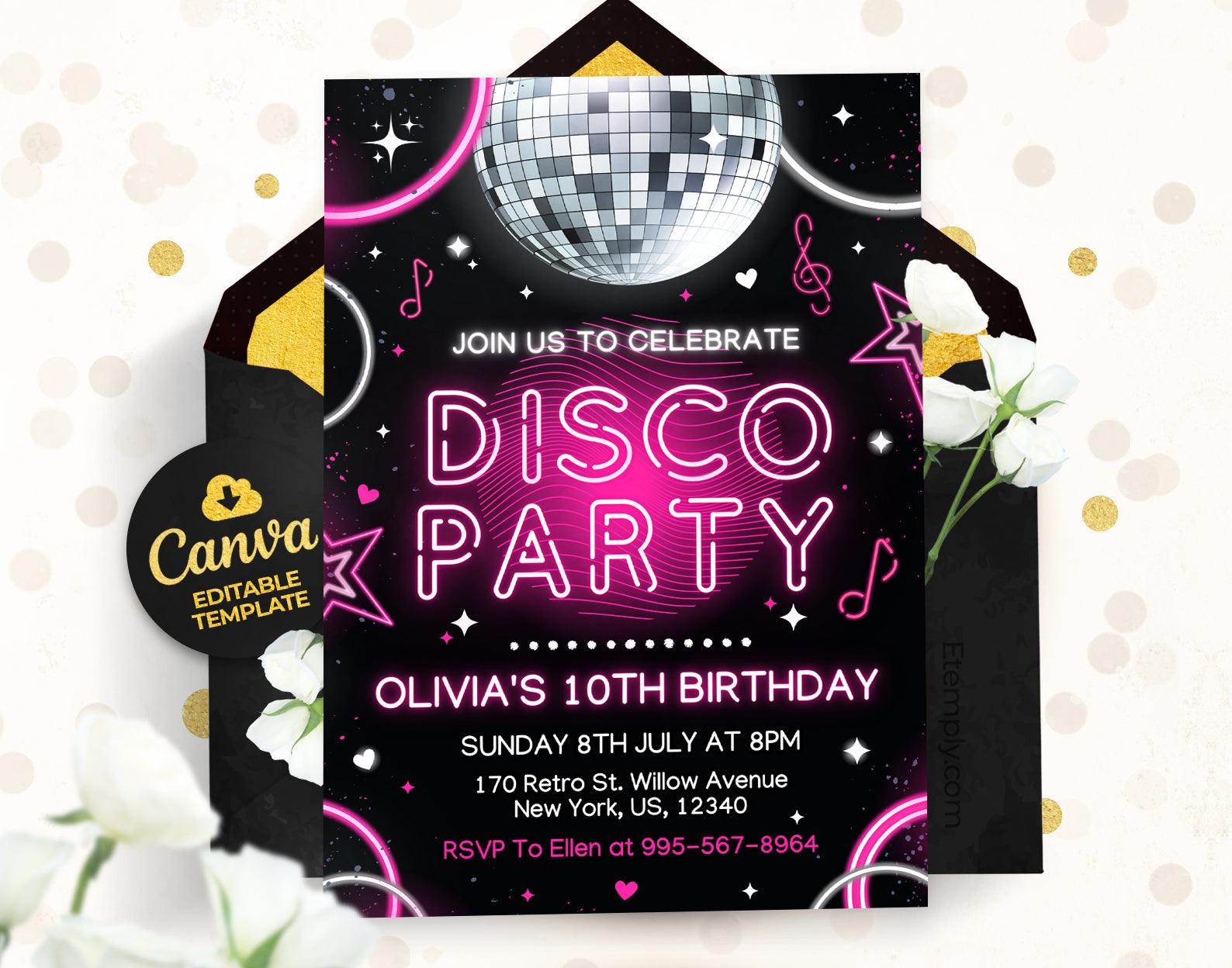 Disco Party Birthday Invitation Etemply