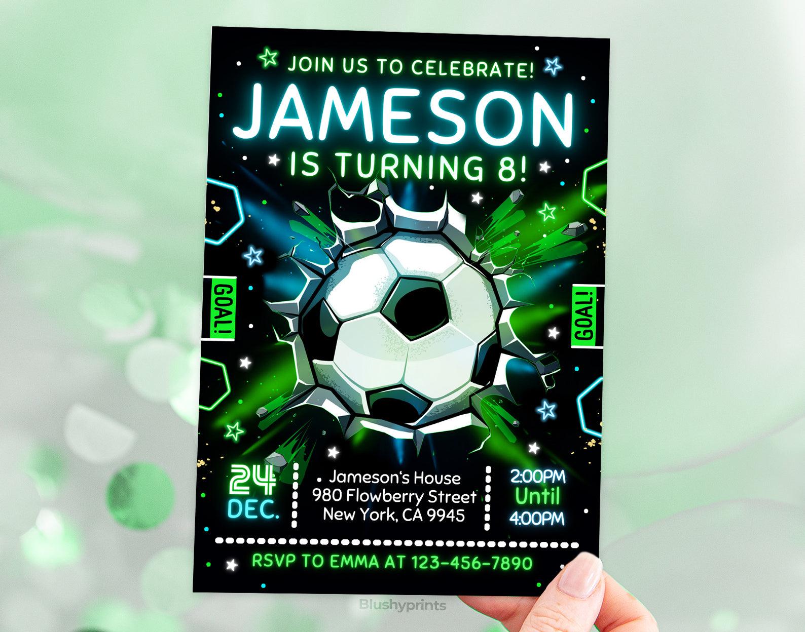 Neon Soccer Birthday Invitation Etemply