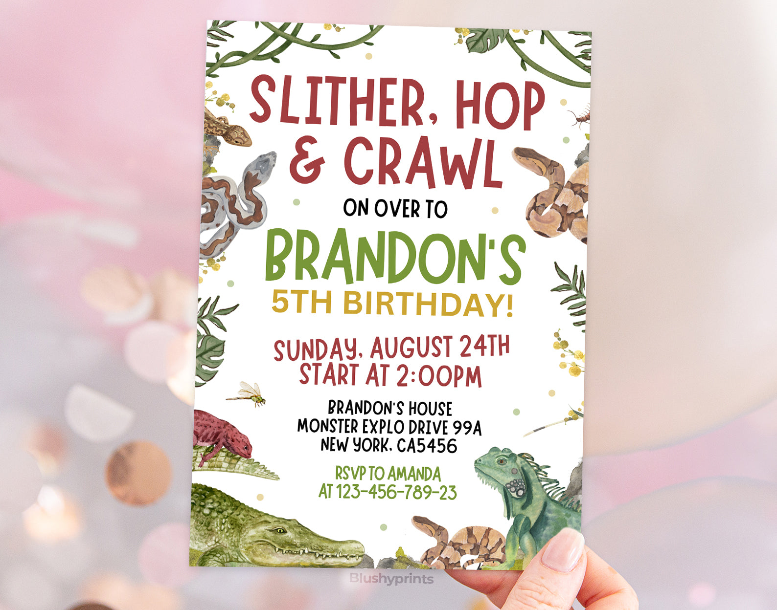 Reptile Birthday Invitation, Slither Hop and Crawl, Lizard Snake Party Invite Etemply