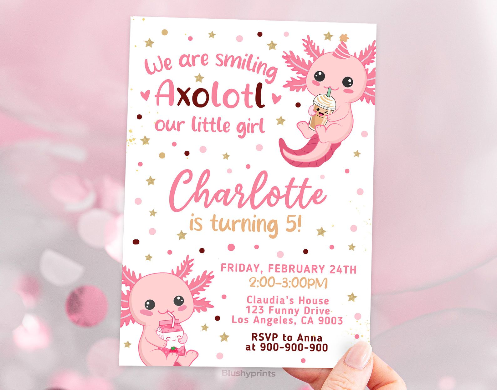 Axolotl Birthday Invitation, Girl Birthday Invitation Etemply