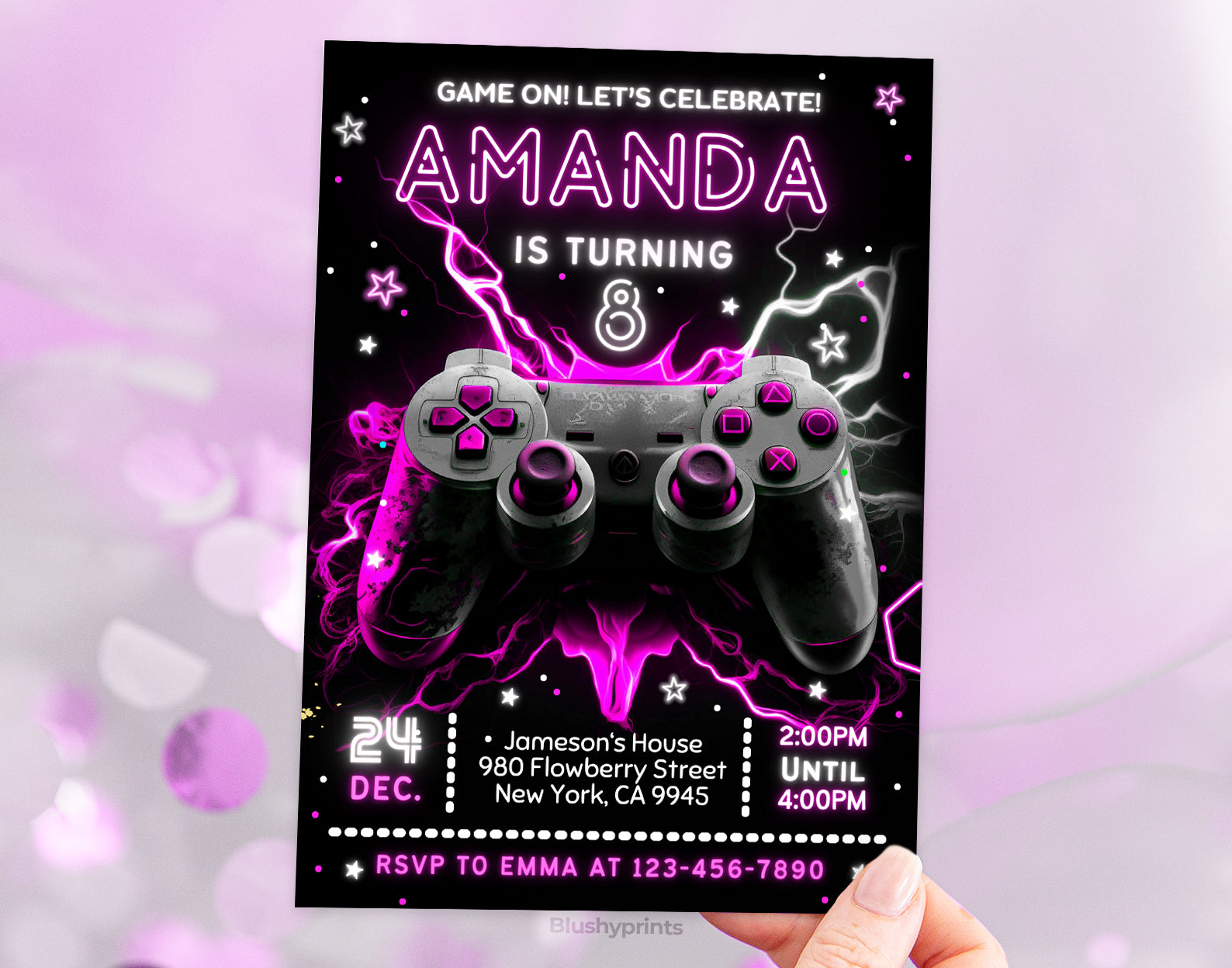 Neon Girl Gaming Party Invitation Etemply