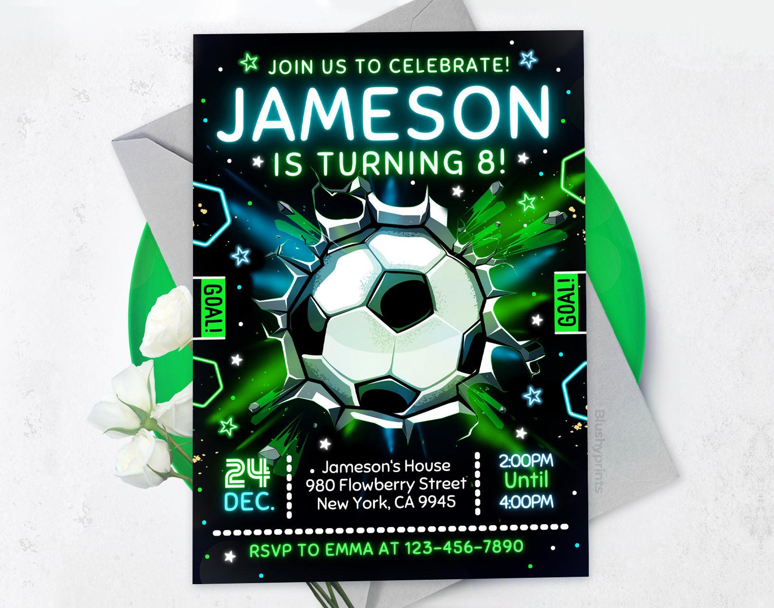 Neon Soccer Birthday Invitation Etemply