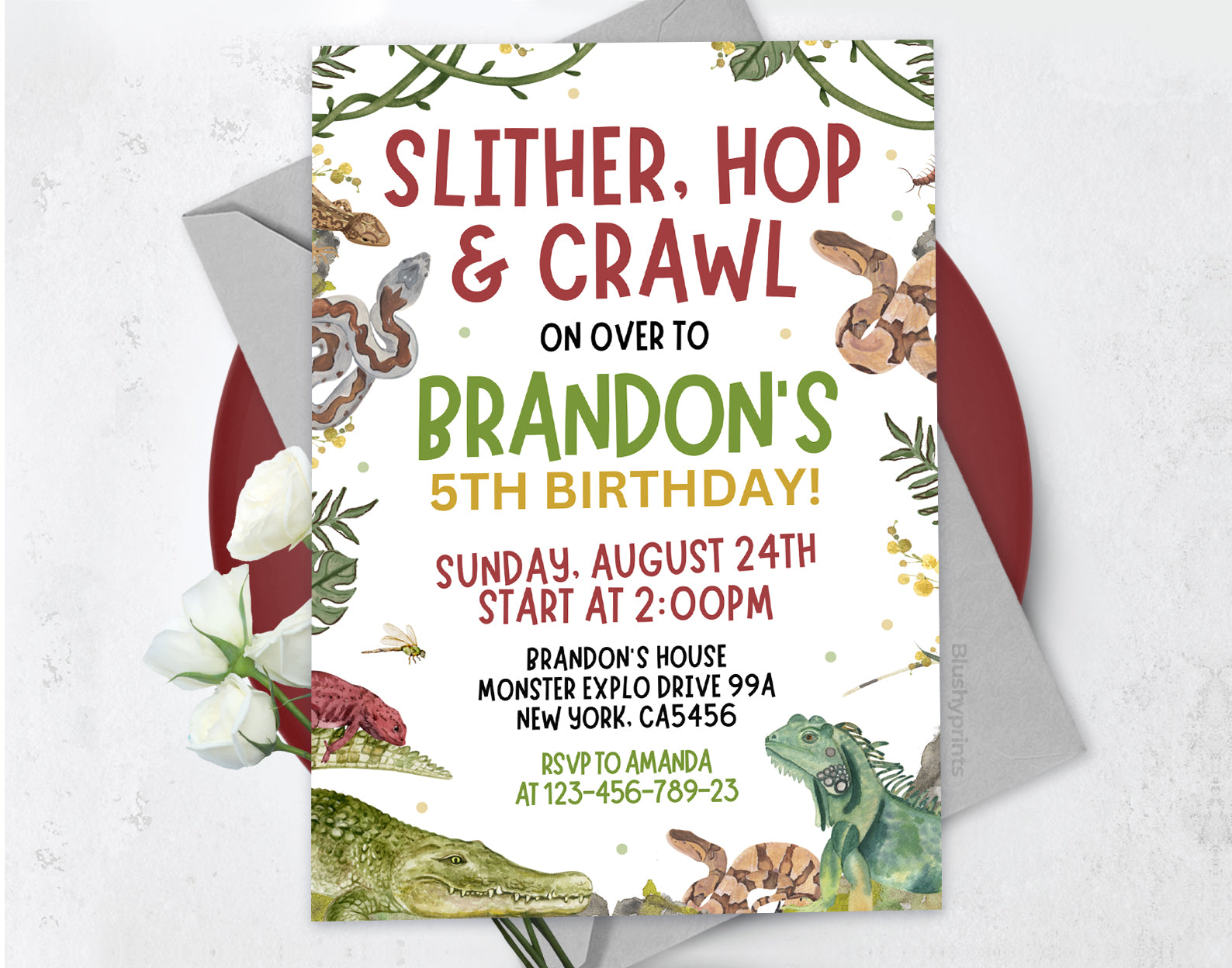 Reptile Birthday Invitation, Slither Hop and Crawl, Lizard Snake Party Invite Etemply