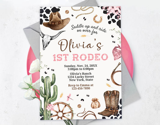 First Rodeo Birthday Invitation, Girl Western Invite Etemply