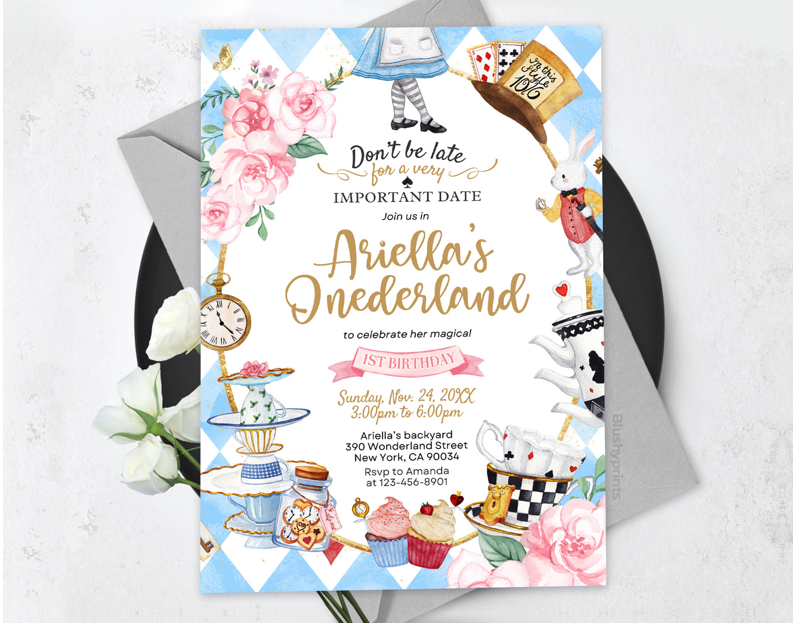 Alice in Wonderland Invitation, Onederland Invitation, 1st Birthday Girl Invitation Etemply