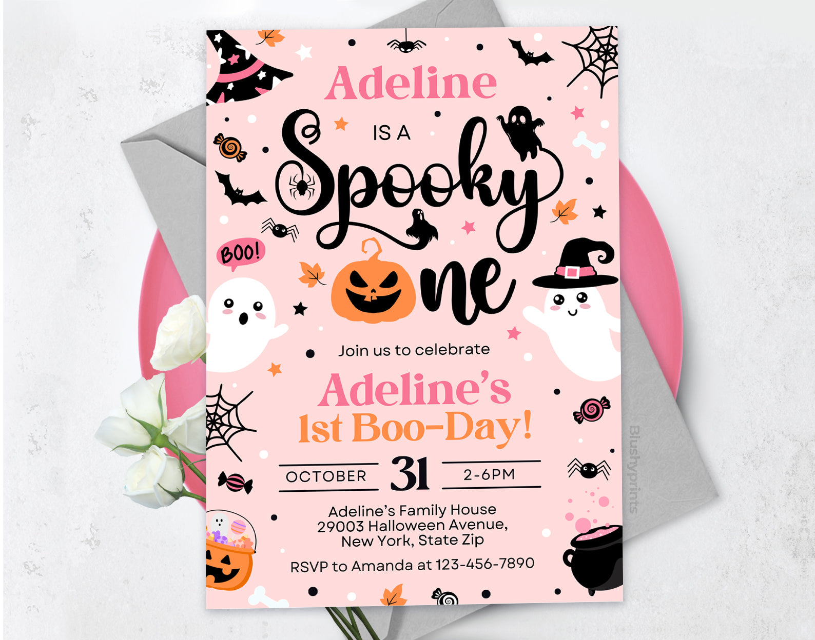 Spooky One Halloween Girl 1st Birthday Party Invitation Cute Girl Ghost 1st Birthday Spooktacular Etemply